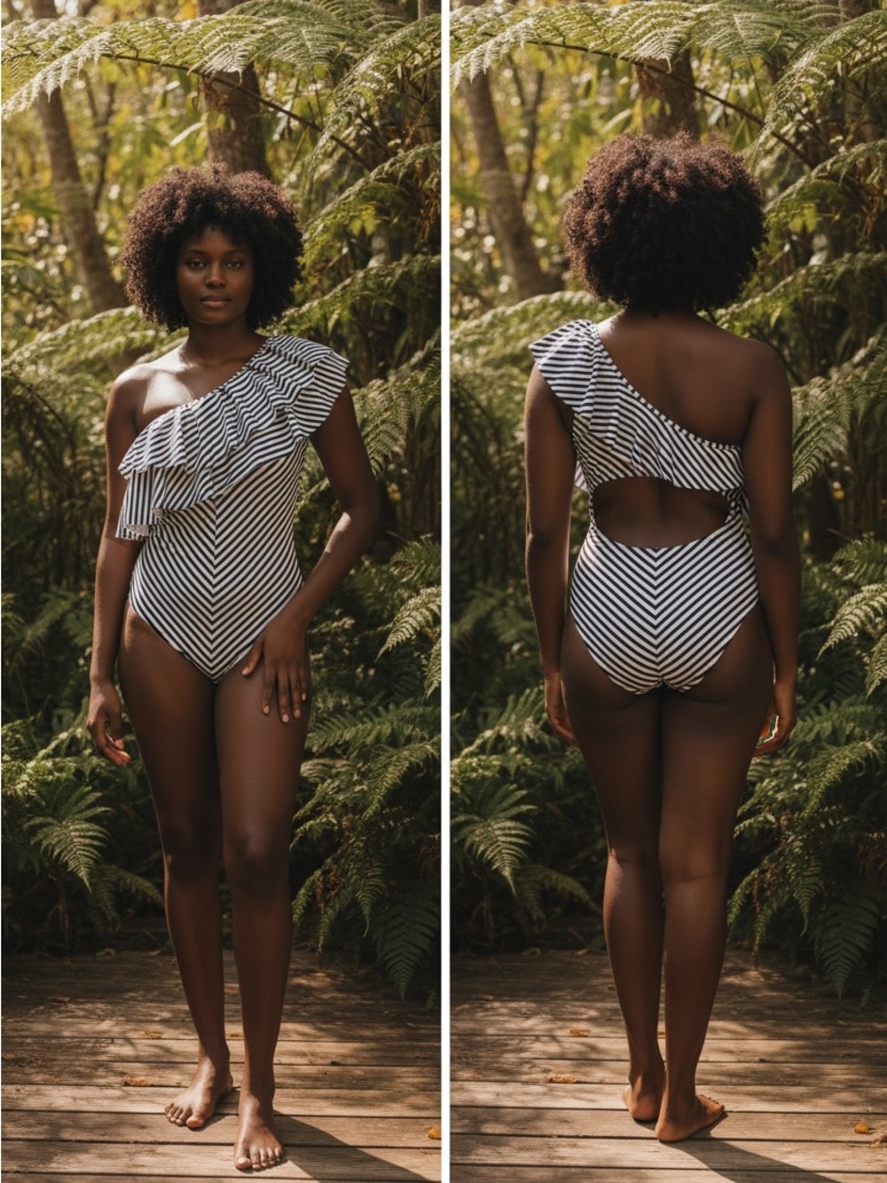 Striped One-Shoulder Ruffle Swim Suit - Size L